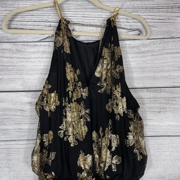 SADAHAJ - NWT MSK Metallic Print Pleated Blouson Gown Black Gold Sz 8